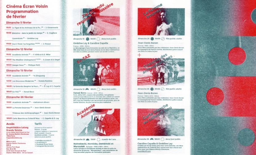 Programme du cinéma Écran Voisin – février 2017, impression en risographie aux Grands Voisins à Paris – recto