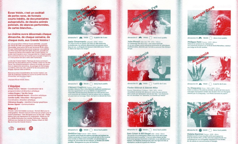 Programme du cinéma Écran Voisin – février 2017, impression en risographie aux Grands Voisins à Paris – verso