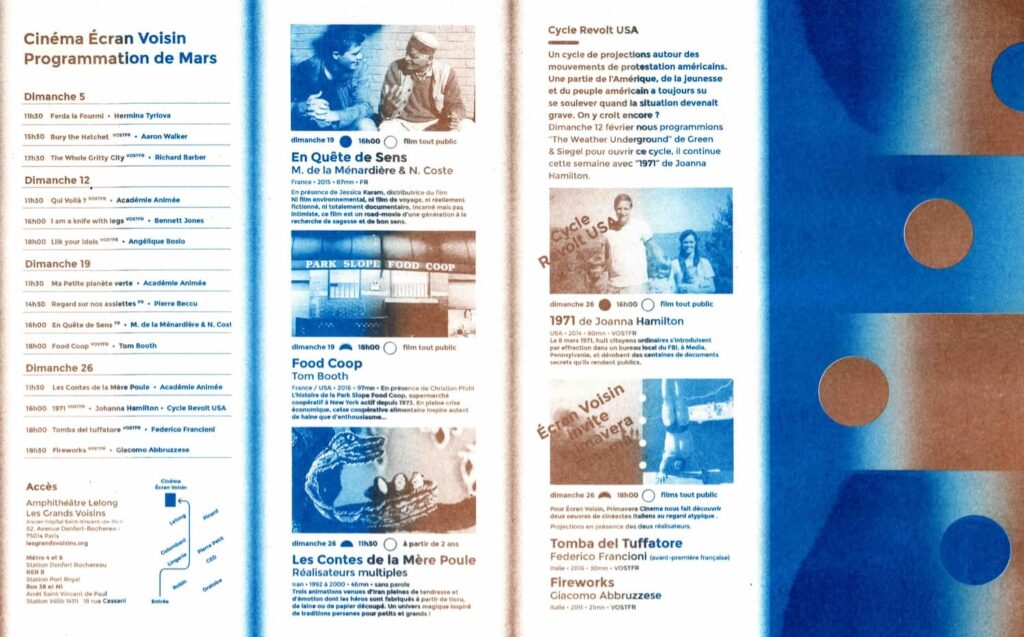 Programme du cinéma Écran Voisin – mars 2017, impression en risographie aux Grands Voisins à Paris – recto