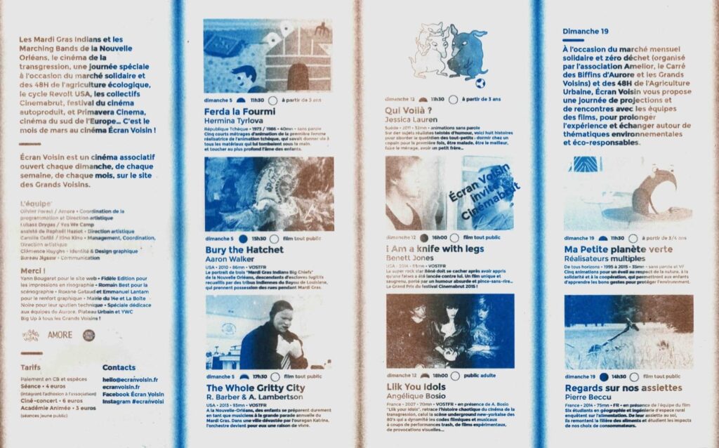 Programme du cinéma Écran Voisin – mars 2017, impression en risographie aux Grands Voisins à Paris – verso