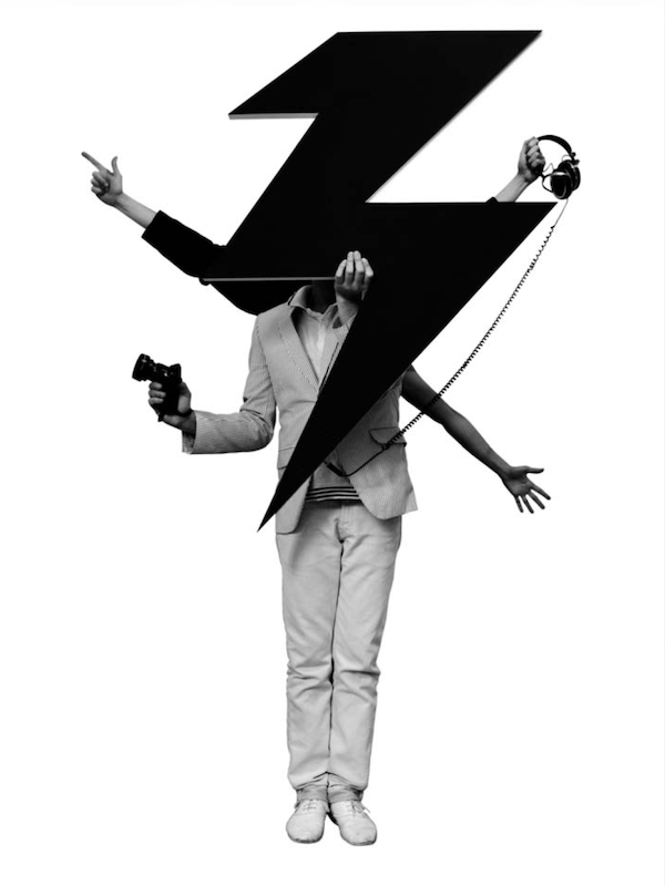 Affiche du festival Filmer la Musique avec motif éclair et figure tenant une caméra et un casque audio